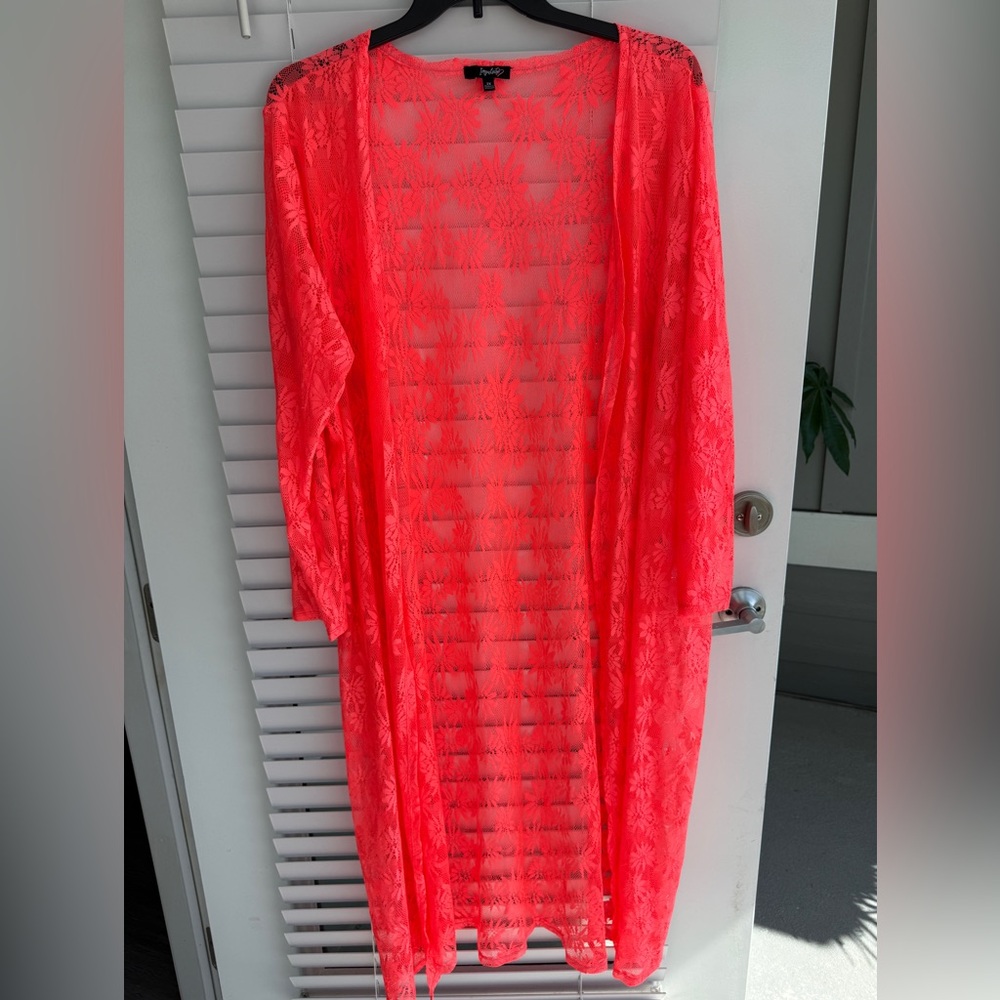 Sheer Neon Coral Lace Duster